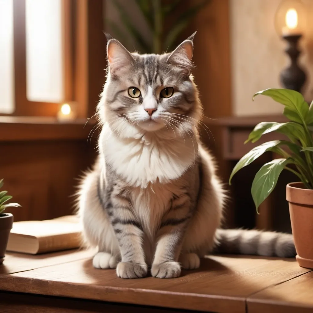 Prompt: (cat sitting on a table), (charming gaze), soft fur, cozy atmosphere, warm gentle lighting, wooden table texture, serene background, high quality, ultra-detailed, inviting ambiance, subtle shadows dancing, realistic fur patterns, tranquil scene, hints of house plants or books in the background, high definition.