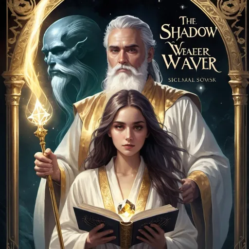 Prompt: A book cover for a novel called the shadow weaver (written on it) with a young woman with a crystal magnificent wand in her hand and an ancient looking man with long white beard above her in a golden robe with a magic book held to his chest