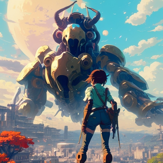 Prompt: Illustration by Makoto shinkai & Ilya Kuvshinov, robot city, Naomi Scott wearing well oil leather battle armor, long brown hair, dynamic pose, atmospheric, hyper realistic, 8k, epic composition, cinematic, octane render, 16K resolution, rendered in Enscape, Miyazaki, Nausicaa Ghibli, Breath of The Wild, 4k detailed post processing, artstation, focus, no blur