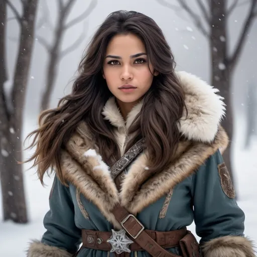 Prompt: An ice world where an attractive hispanic female ranger which is immune to the cold weather. She has beautiful long brown hair, (dressed in half fur with some skin showing) tracks (in the snow) a deadly creature with insidious intelligence.