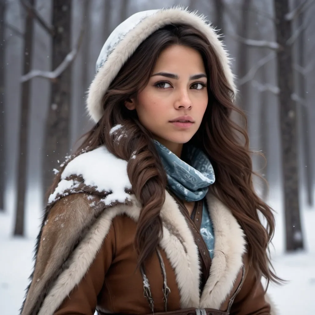 Prompt: An ice world where an attractive hispanic female ranger which is immune to the cold weather. She has beautiful long brown hair, (dressed in half fur with some skin showing) tracks (in the snow) a deadly creature with insidious intelligence.