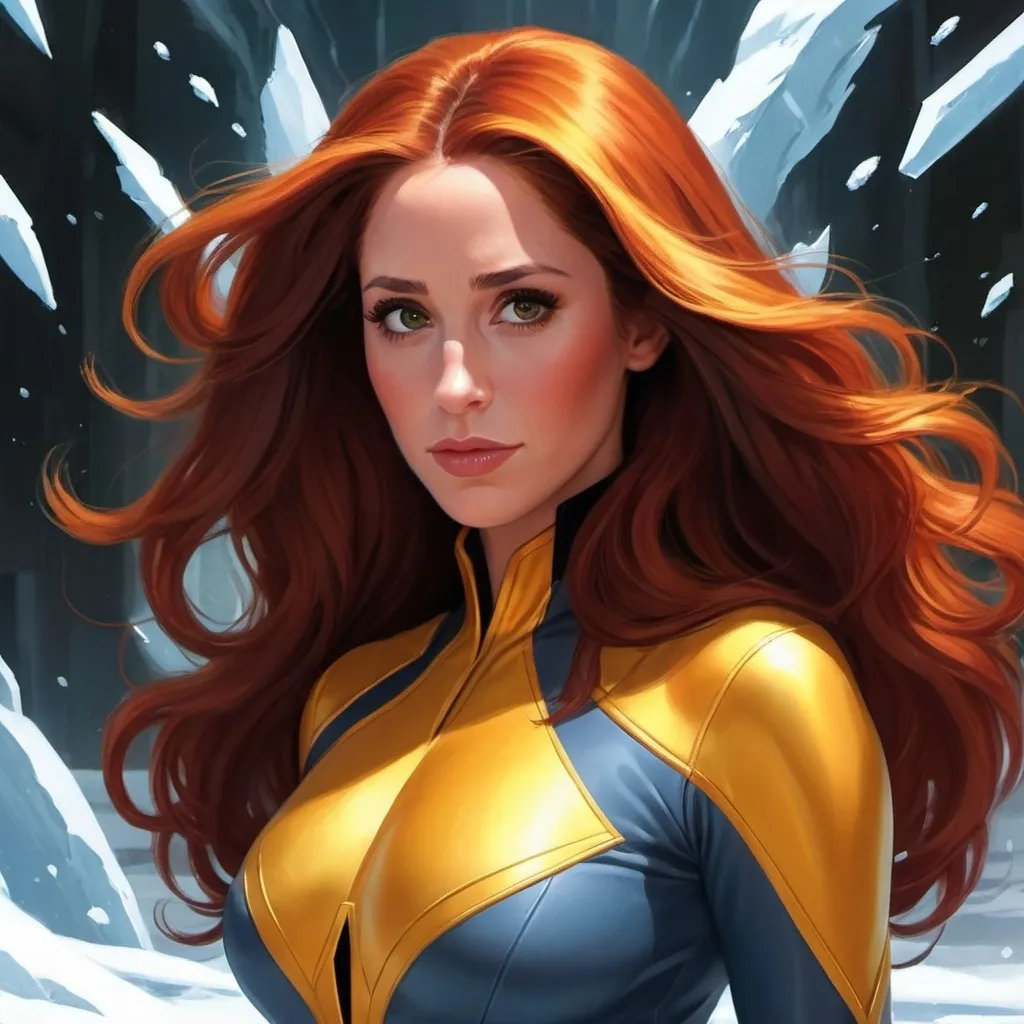 Prompt: An ice world where an attractive 25 year old Soleil Moonfrye dressed as Dark Phoenix. Surroundedby the Phoenix Force. She has beautiful long brown hair, (dressed in Jean Grey outfit) art by Ilya Kuvshinov