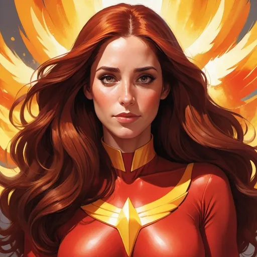 Prompt: Marvel Comics art. PORTRAIT where an attractive 25 year old Soleil Moonfrye dressed as Dark Phoenix. Surroundedby the Phoenix Force. She has beautiful long brown hair, (dressed in Jean Grey outfit) art by Ilya Kuvshinov