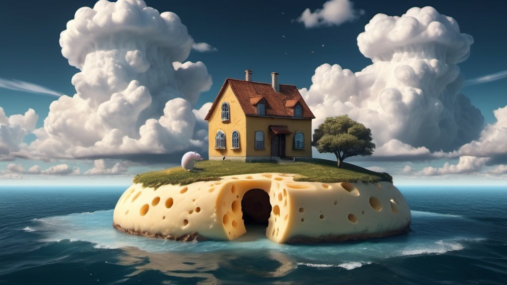 Prompt: house made of cheese with big holes, standing on an island and surrounded by the sea, giant clouds in the background, mouse sitting at the door, surrealism, highly detailed, 4K