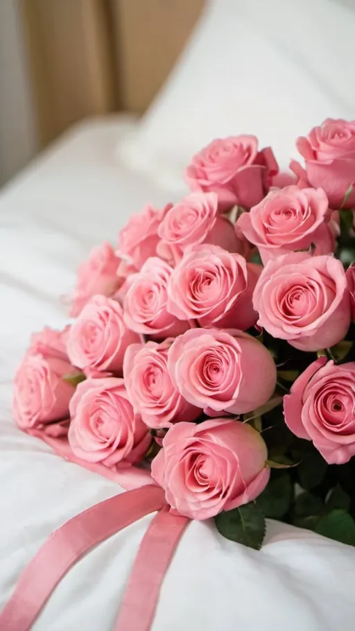 Prompt: a photo of bunch of pink roses on the bed, natural light