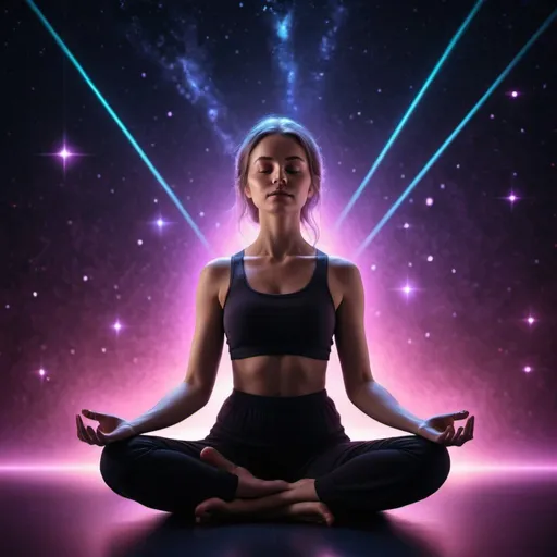 Prompt: photo of a woman, soft neon lighting, meditating in the space, dark colors, stars background, 3d render