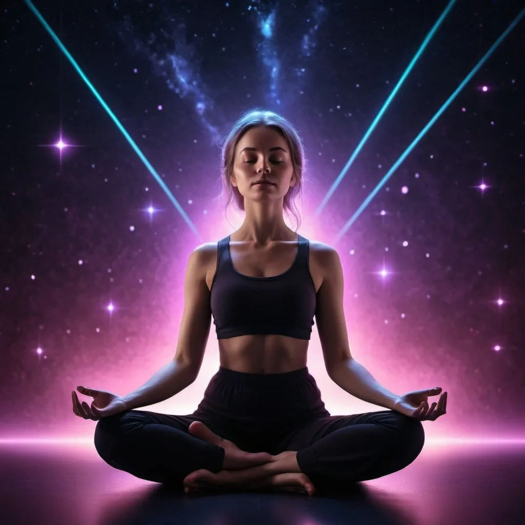 Prompt: photo of a woman, soft neon lighting, meditating in the space, dark colors, stars background, 3d render