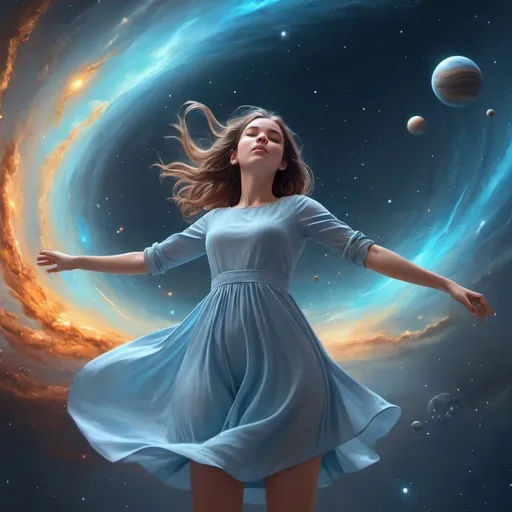 Prompt: a girl in a light blue dress floating horizontally in the air, like she is dissolving in the space background filled with galaxies, nebulas, stars and blackholes, bright colors, planets, solar systems, highly detailed, cinematic, digital painting, artstation, concept art, smooth, sharp focus, illustration, art by artgerm and greg rutkowski