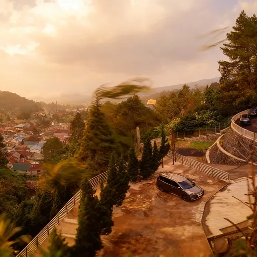 Prompt: Transform this still image into a cinematic short video. 
The camera slowly zooms in while the background subtly moves with flowing light and gentle breeze. 
Add natural motion to the trees and clouds, with warm golden-hour lighting and a soft film-like atmosphere. 
Make it smooth, realistic, and immersive.