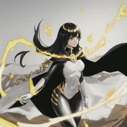 Prompt: Super Heroine Cape Skin Tight Suit White Uniform Black Hair Gold Symbol Floating, Full Body