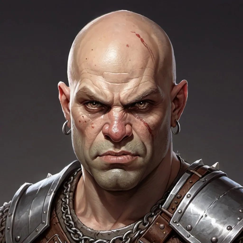 Prompt: A D&D character concept portrait of a bald Half-Ogre fighter with human skin, who wears chainmail.