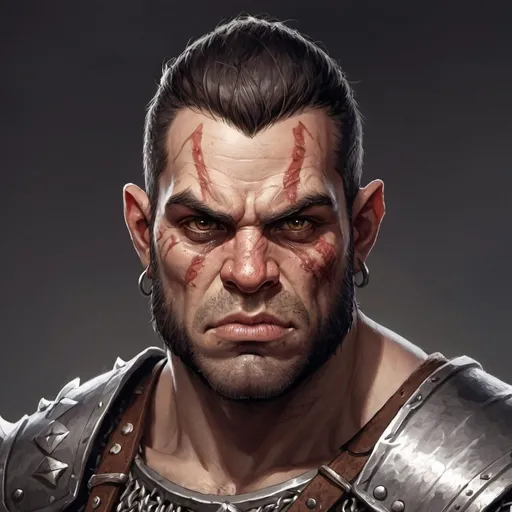 Prompt: A D&D character concept portrait of a Half-Ogre fighter with human skin, who wears chainmail.