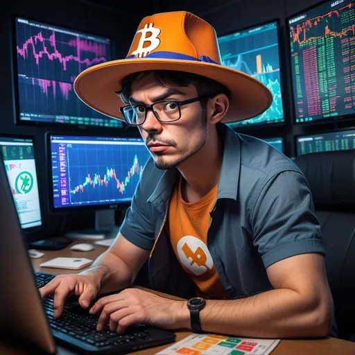 Prompt: The cartoon character is depicted with a serious expression, wearing a large and playful "degen" hat adorned with prominent crypto logos like Bitcoin and Ethereum. The character's demeanor reflects the high stakes and focused nature of a crypto trader's world. Dressed casually, yet with a sense of urgency, the character is surrounded by multiple screens displaying chaotic trading charts and candlestick graphs, symbolizing the volatility of the market. In the background, the brand name "Cryptomura" is boldly displayed in a stylish, eye-catching font. The scene is detailed with stacks of coins, a coffee cup, and a calm pet cat, all contributing to the intense and focused atmosphere of a serious crypto trader's workspace.