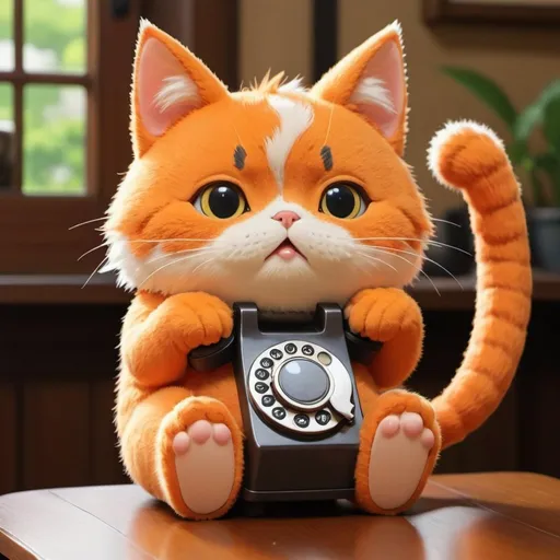 Prompt: in the japanese anime style of Studio Ghibli, a cute, orange, fuzzy neko talking extremely loud while using a traditional phone
