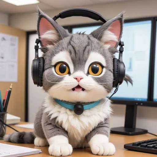 Prompt: in the japanese anime style of Studio Ghibli, a cute, fuzzy cat loudly talking on a headset in an office
