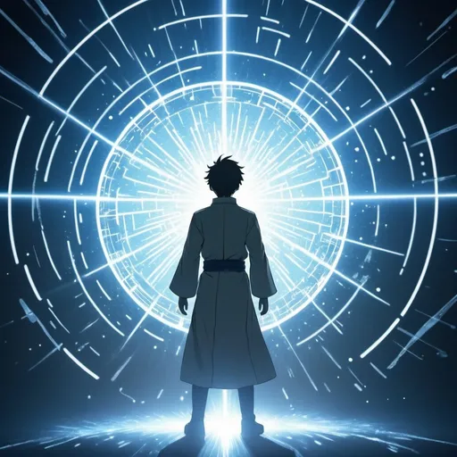 Prompt: in a japanese anime style, a scifi teleportation machine with a strong beam of light in the middle and the outline of a person being teleported with some of his particles blending into the light