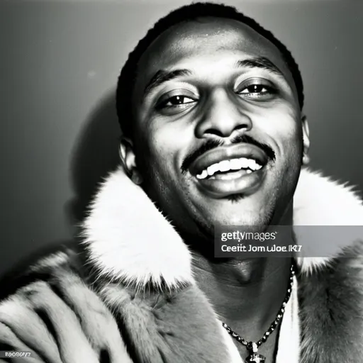 Prompt: A 30 year old black male in the year 1972 wearing a fur coat while wearing expensive jewelry and counting a large sum of money.