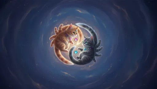 Prompt: @edHsfb473JdeUZRQBGtd @Mha0aac479zBzX4L5DbQ spiraling in empty space like a yin and yang symbol, light and dark. The Orange cat is on the left, the black cat is on the right. The cats are kittens. They're looking at each other.