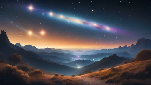 Prompt: a star filled sky will galaxies in the distance