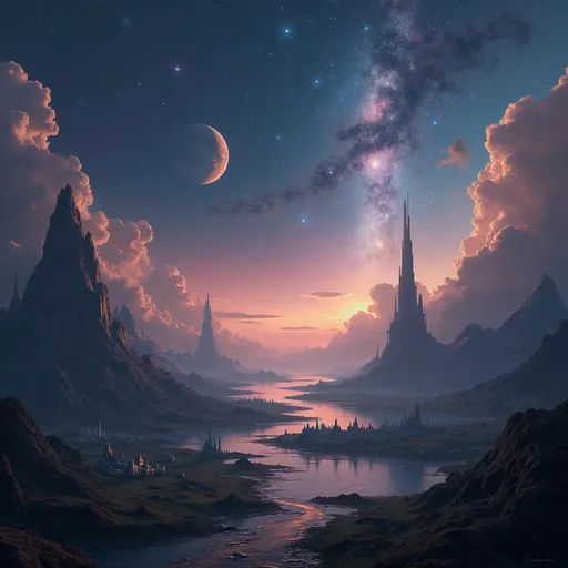 Prompt: On a dystopian planet, with beautiful landscape, with Advanced technology and cities. Sky is filled with galaxies and stars