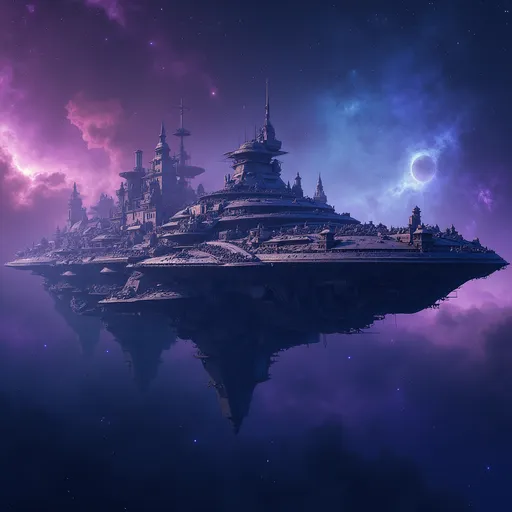Prompt: A massive spacecraft featuring multiple cities on the top of it, with purple and blue galaxies and stars in the background 