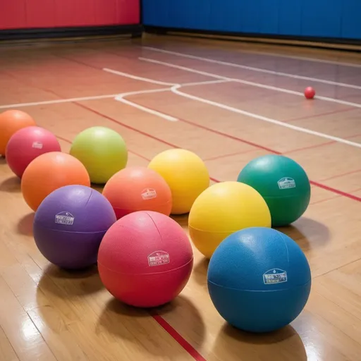 Prompt: A landscape photograph of 7 foam dodgeballs each a different color of the rainbow sitting on a wooden gymnasium floor. 