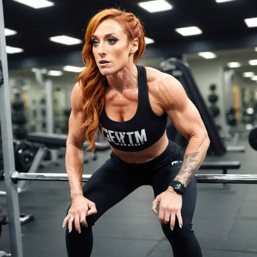 Prompt: Create a photo of becky lynch working out at the gym
