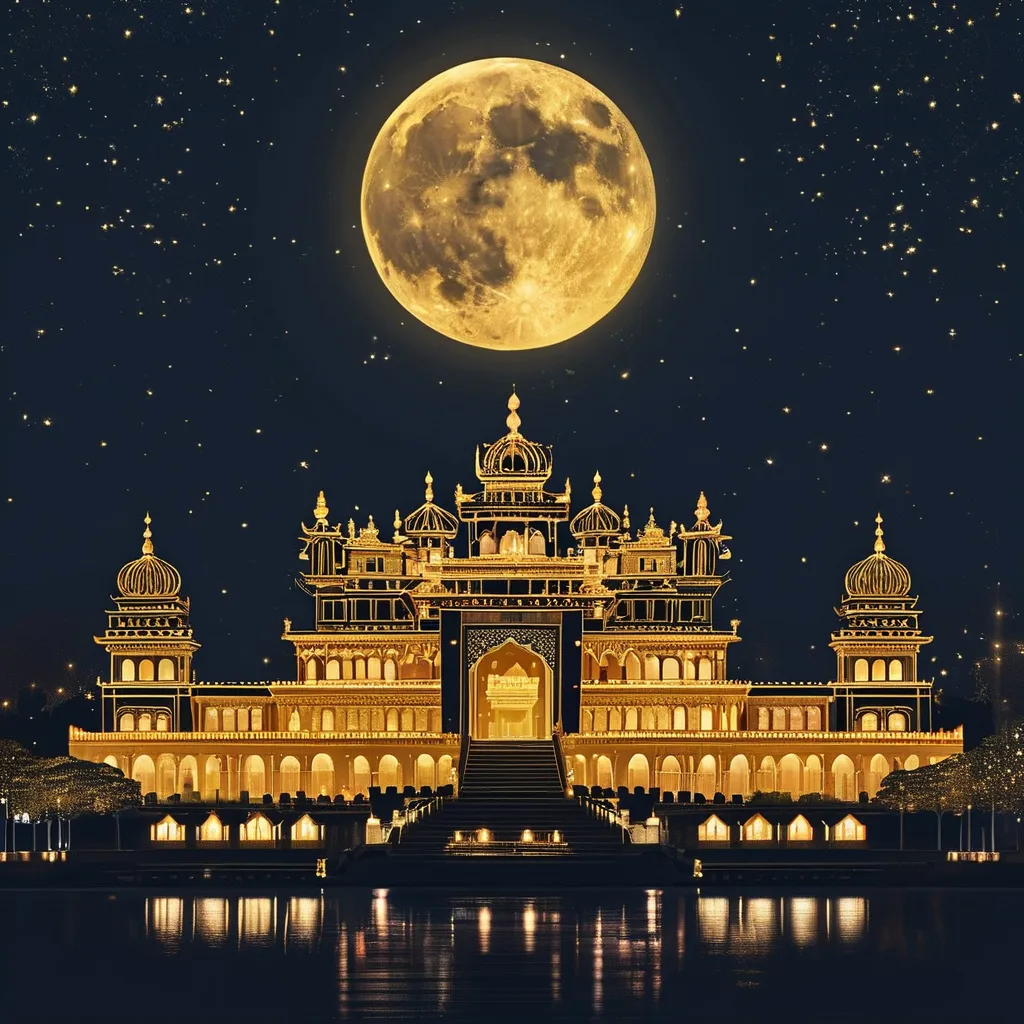 Prompt: golden design of palace at night moon above