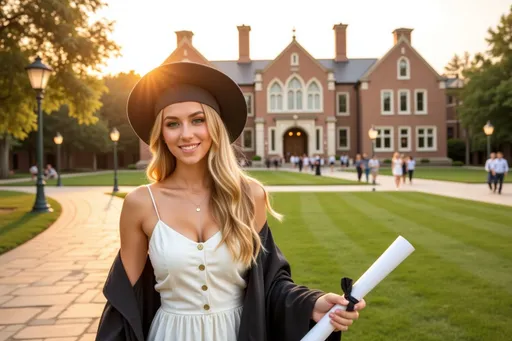 Prompt: photorealistic female cheerleader 93cd89e5 with long blonde hair, wide-brimmed hat, white sleeveless dress, light skin, blue eyes wearing a classic graduation gown and cap with tassel, proudly holding a rolled diploma tied with a ribbon, standing on a scenic university campus with historic buildings or modern architecture in the background, bright and cheerful atmosphere with golden sunlight, wide genuine smile, confetti or graduation caps flying in the air, friends and family celebrating in the distance, well-manicured lawn or stone pathways, festive mood, emotional and triumphant moment captured mid-celebration, sense of achievement and new beginnings.