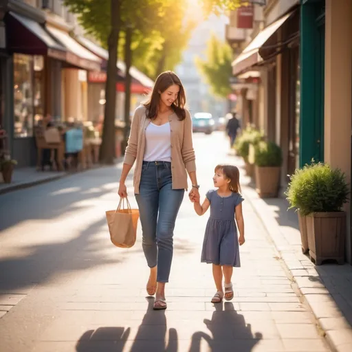 Prompt: (lady walking on a street with her cute daughter), warm sunlight casting gentle shadows, joyful and cozy atmosphere, vibrant colors reflecting daily life, casual clothing on both, lively street background with charming shops and trees, high quality, ultra-detailed, candid moment captured beautifully with a soft focus on the interaction between them.