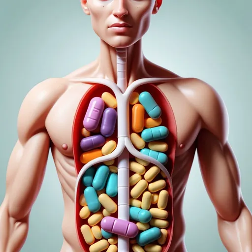 Prompt: Proceso de digestión de pastillas en el cuerpo humano ( absortion, distribution, metoption, metabolite, excretion) sin textos