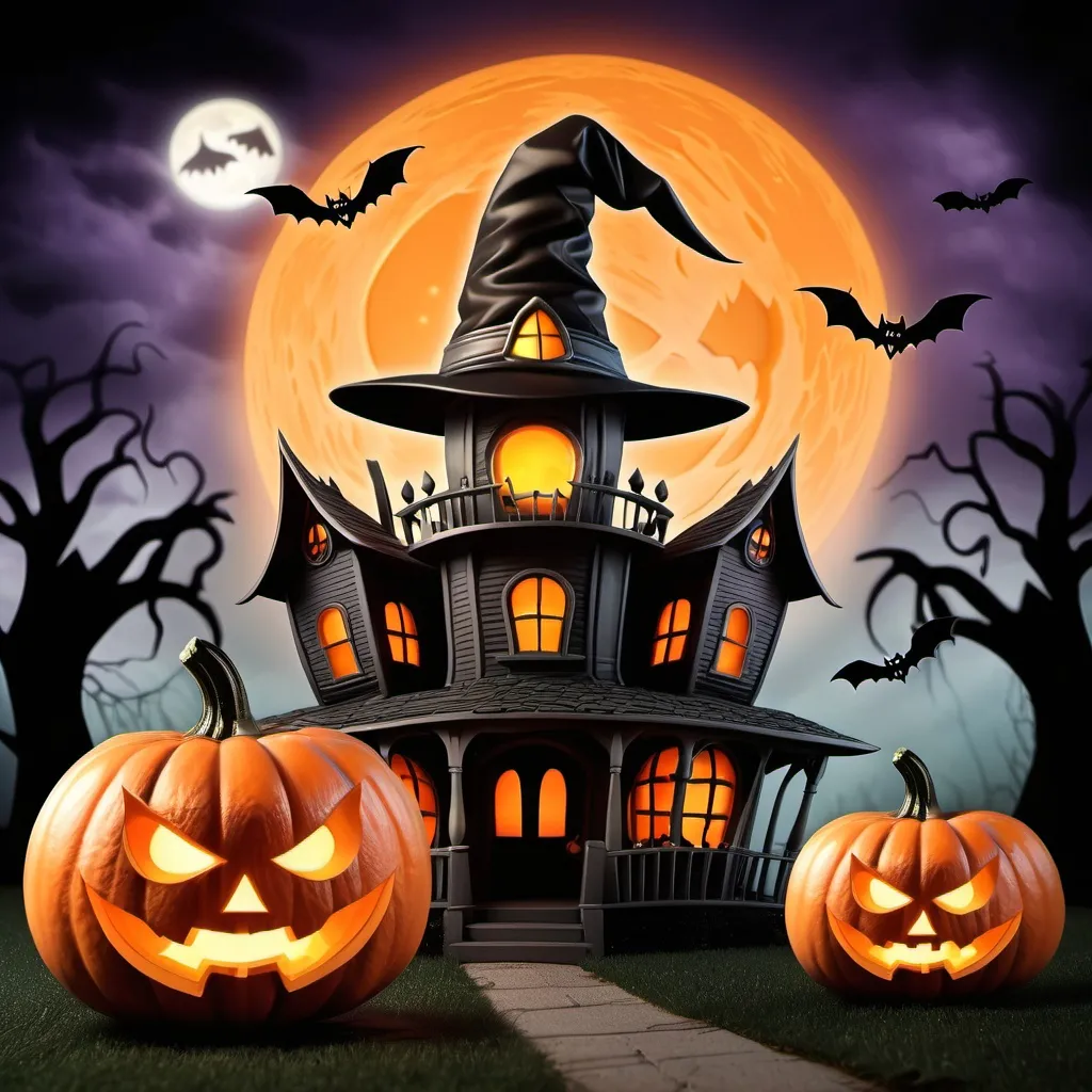 Prompt: Spooky
Halloween
Pumpkin with witch hat
Jack O lantern
With haunted house behined it