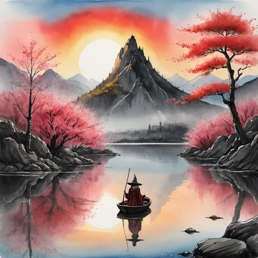 Prompt: An ink painting. In the distance there is a mountain and a small boat on a quiet lake. A wizard in a hat is looking into the distance. The sun is about to set. The mountain and the boat are reflected on the water. Nearby is a red and black tree full of blossoms. hanging on the rock. looking like lord of the rings

