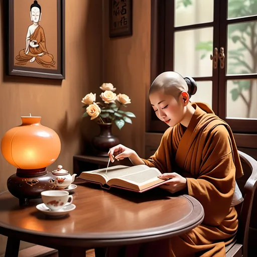 Prompt: (vintage style), (warm color scheme), monk buddhist and nun sit opposite, engaged in reading books, sipping China tea, a single rose resting elegantly on the table, soft ambient lighting, cozy atmosphere, rich textures in the surroundings, nostalgic vibe, warm browns and soft creams, ultra-detailed, high quality, inviting scene that evokes relaxation and calm. Have vase of rose on the table and they sit on the meditation hall