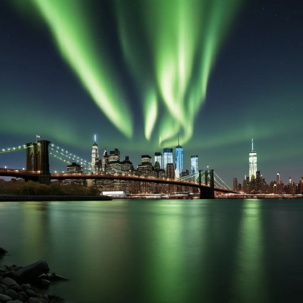 Prompt: A hyper-realistic image of the aurora borealis over new york city, as seen from Domino park in Williamsburg