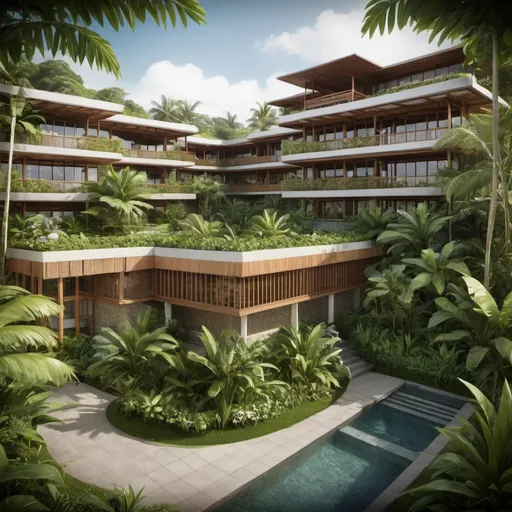 Prompt: Create an aerial Birds Eye view architectural image of a five storey heath and medical centre set in a lush tropical garden designed in a modern Balinese style and looking like a design by eminent architect Kerry Hill