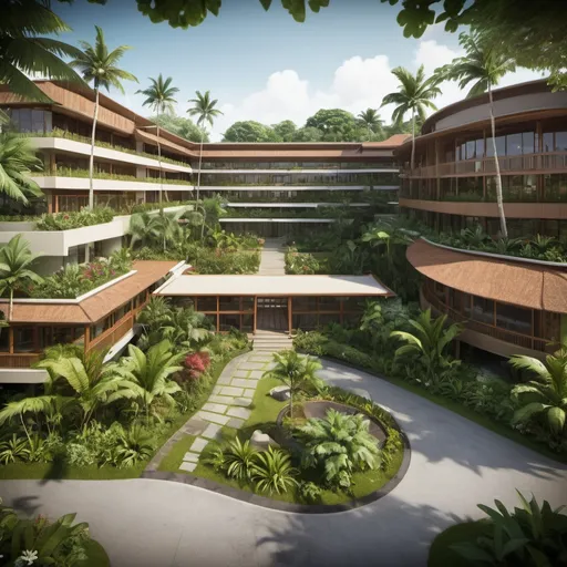 Prompt: Create an aerial Birds Eye view architectural image of a five storey heath and medical centre set in a lush tropical garden designed in a modern Balinese style and looking like a design by eminent architect Kerry Hill