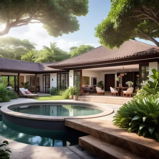 Prompt: a single storey, four bedroom home, in a Hacienda style within a lush citrus tree and flower garden, with an outdoor circular pool, designed in the style of eminent architect Kerry Hill