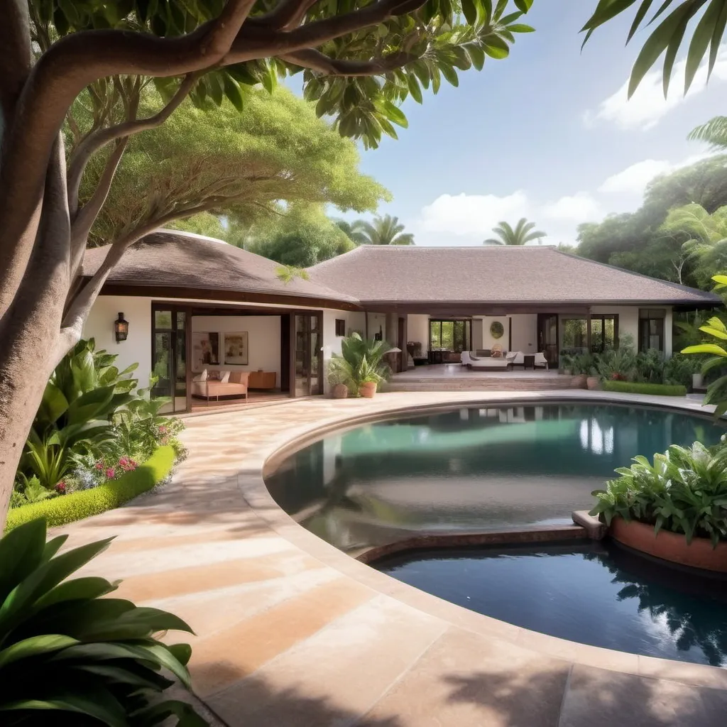 Prompt: a single storey, four bedroom home, in a Hacienda style within a lush citrus tree and flower garden, with an outdoor circular pool, designed in the style of eminent architect Kerry Hill