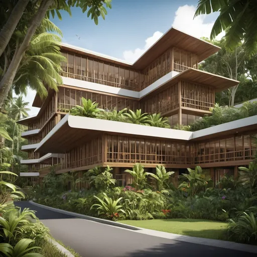 Prompt: Create an architectural image of a five storey heath and medical centre set in a lush tropical garden designed in a modern Balinese style and looking like a design by eminent architect Kerry Hill