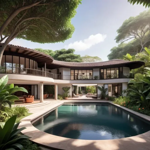 Prompt: a single storey, four bedroom home, in a Hacienda style within a lush citrus tree and flower garden, with an outdoor circular pool, designed in the style of eminent architect Kerry Hill