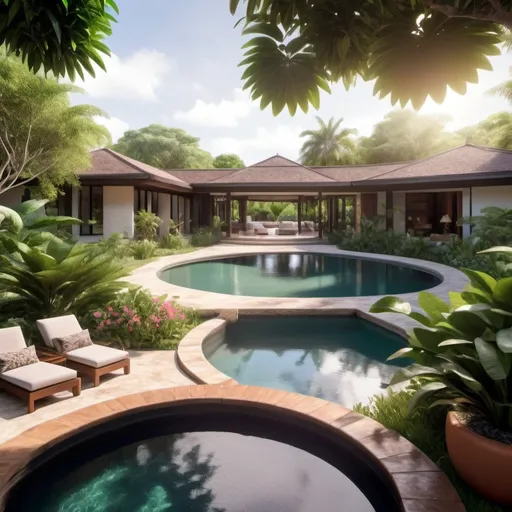 Prompt: a single storey, four bedroom home, in a Hacienda style within a lush citrus tree and flower garden, with an outdoor circular pool, designed in the style of eminent architect Kerry Hill