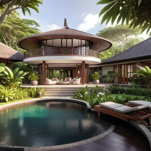 Prompt: a single storey, four bedroom home, in a Balinese style within a lush citrus tree and flower garden, with an outdoor circular pool, designed in the style of eminent architect Kerry Hill