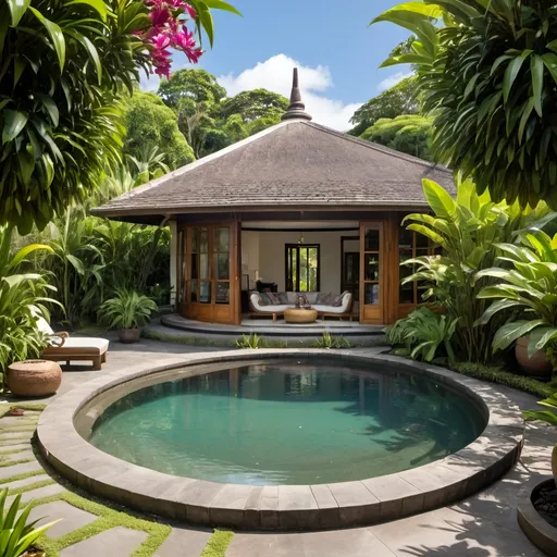 Prompt: a single storey, four bedroom home, in a Balinese style within a lush citrus tree and flower garden, with an outdoor circular pool, designed in the style of eminent architect Kerry Hill