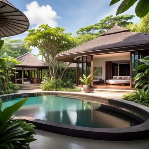 Prompt: a single storey, four bedroom home, in a Balinese style within a lush citrus tree and flower garden, with an outdoor circular pool, designed in the style of eminent architect Kerry Hill