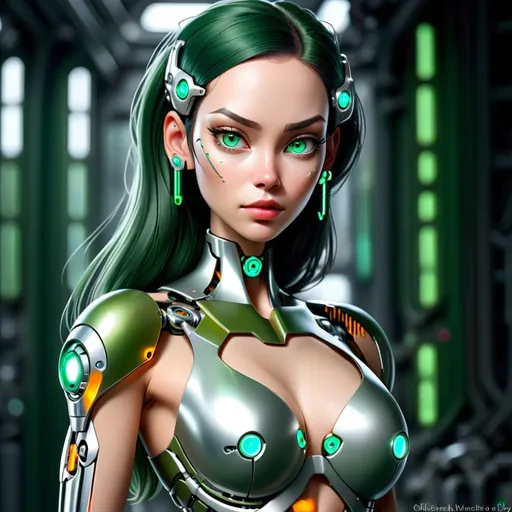 Prompt: full length, best quality, perfect hands, perfect fingers, symmetrical features, show me the gorgeous lady cyborg of the day, dark green, silver,