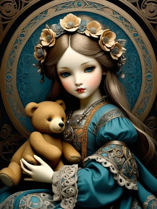 Prompt: Beautiful doll holding a bear toy, highly detailed, 3D, Alphonse Mucha, Albrecht Durer, Robert Gillmore,
Masaaki Sasamoto,
Virginia Frances Sterrett,
Gustav Dore style, mysterious, ominous, masterpiece, detailed eyes, intricate patterns, vintage colors, dramatic lighting