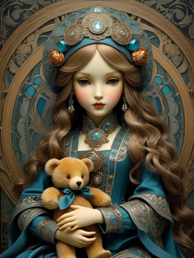 Prompt: Beautiful doll holding a bear toy, highly detailed, 3D, Alphonse Mucha, Albrecht Durer, Robert Gillmore,
Masaaki Sasamoto,
Virginia Frances Sterrett,
Gustav Dore style, mysterious, ominous, masterpiece, detailed eyes, intricate patterns, vintage colors, dramatic lighting