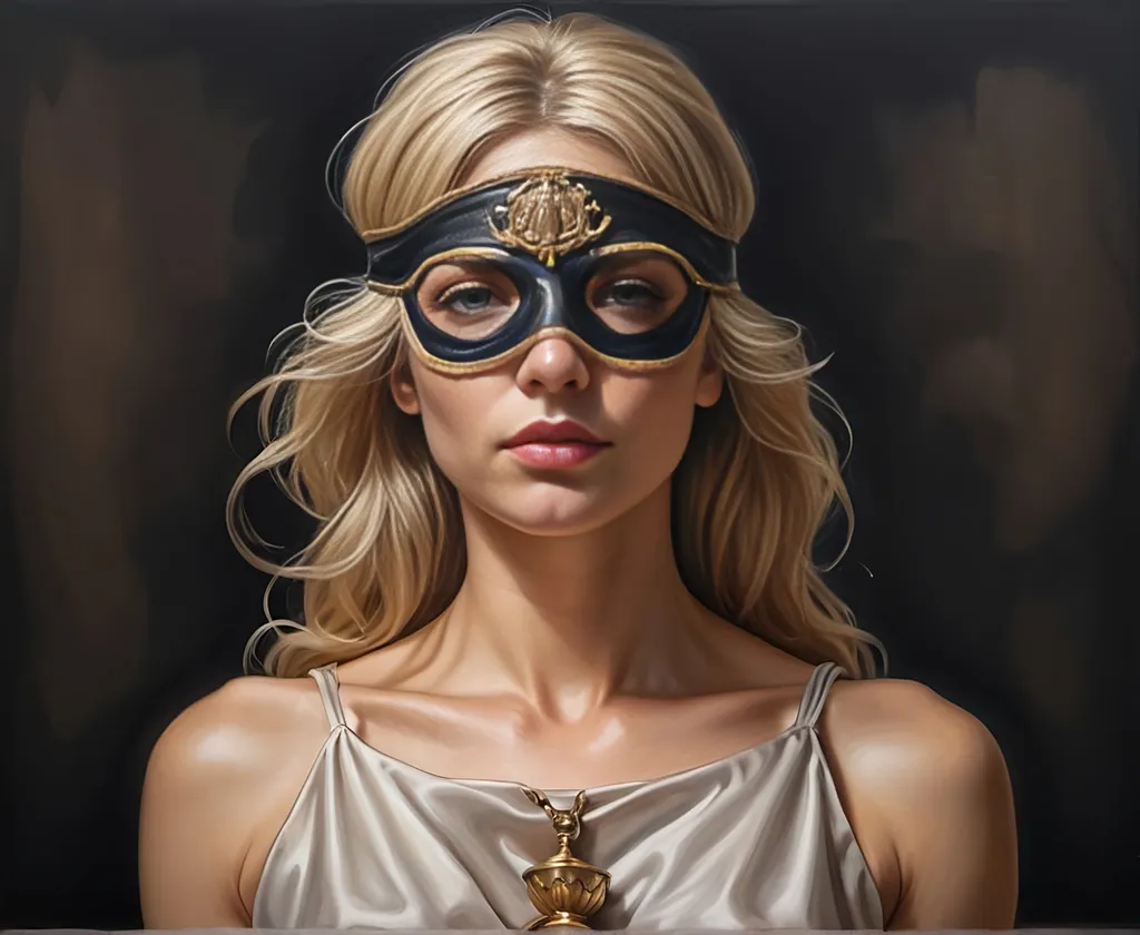 Prompt: Super realistic oil painting of a blond woman blindfolded, full body, Femida - Lady Justice, lawyer, smooth skin, intricate very detailed blond hair, symmetrical face, master piece, 8 k, trending on artstation, trending art