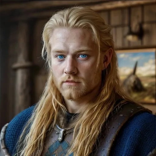 Prompt: Super realistic oil painting of a  Scottish man in a viking gear, dirty blond hair, big blue eyes, masculine, elegant, 64K, master piece